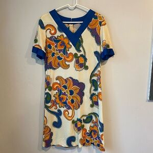 Vintage Alfred Shaheen 70s Floral V-Neck Midi Dress - Blue and Orange Paisley
